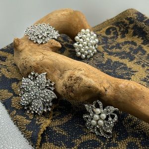 Rhinestone Floral Trio of Brooches + Pearl Rhinestone Cluster Button / Pendant